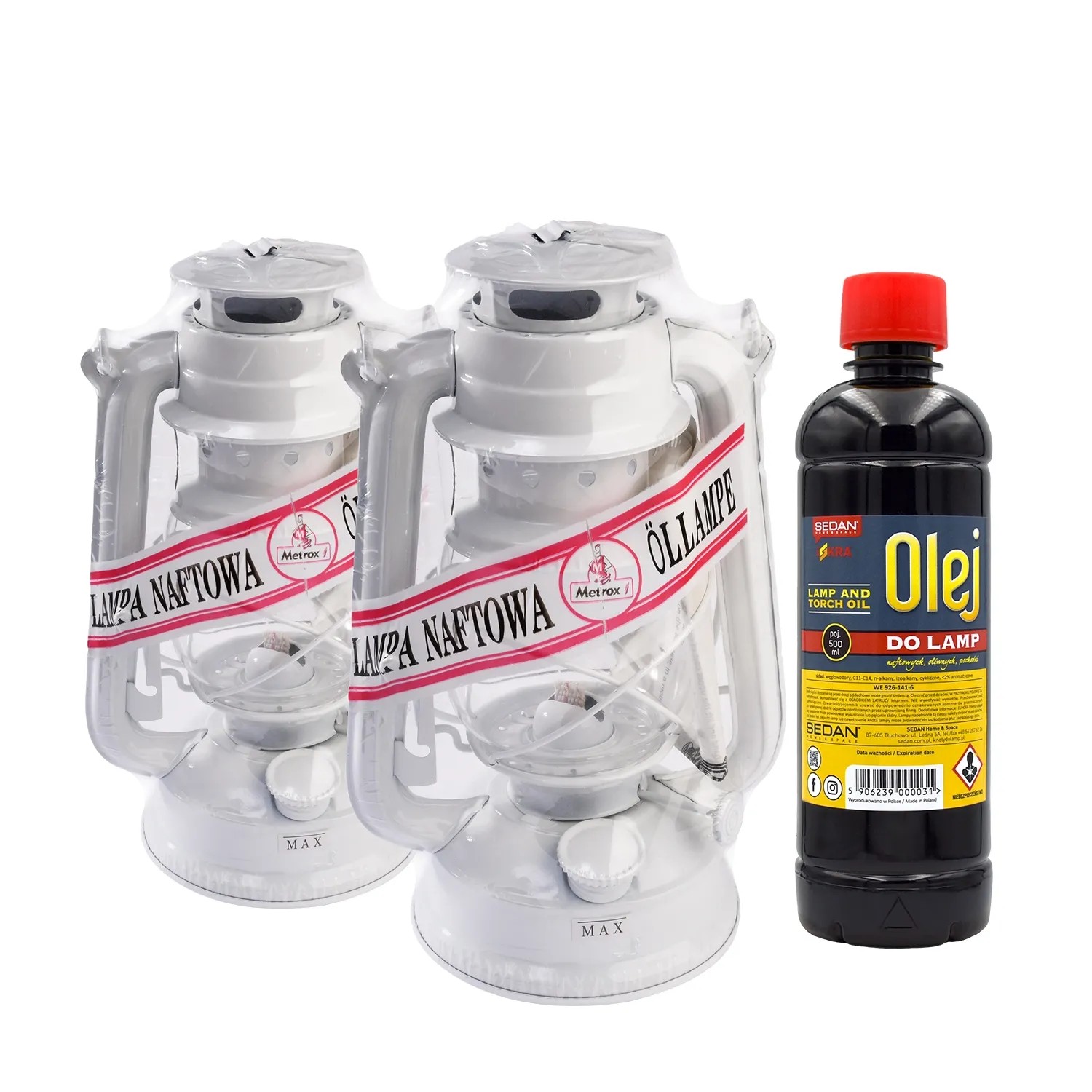Zestaw Lampa naftowa biała 2 szt. z olejem 0,5 l