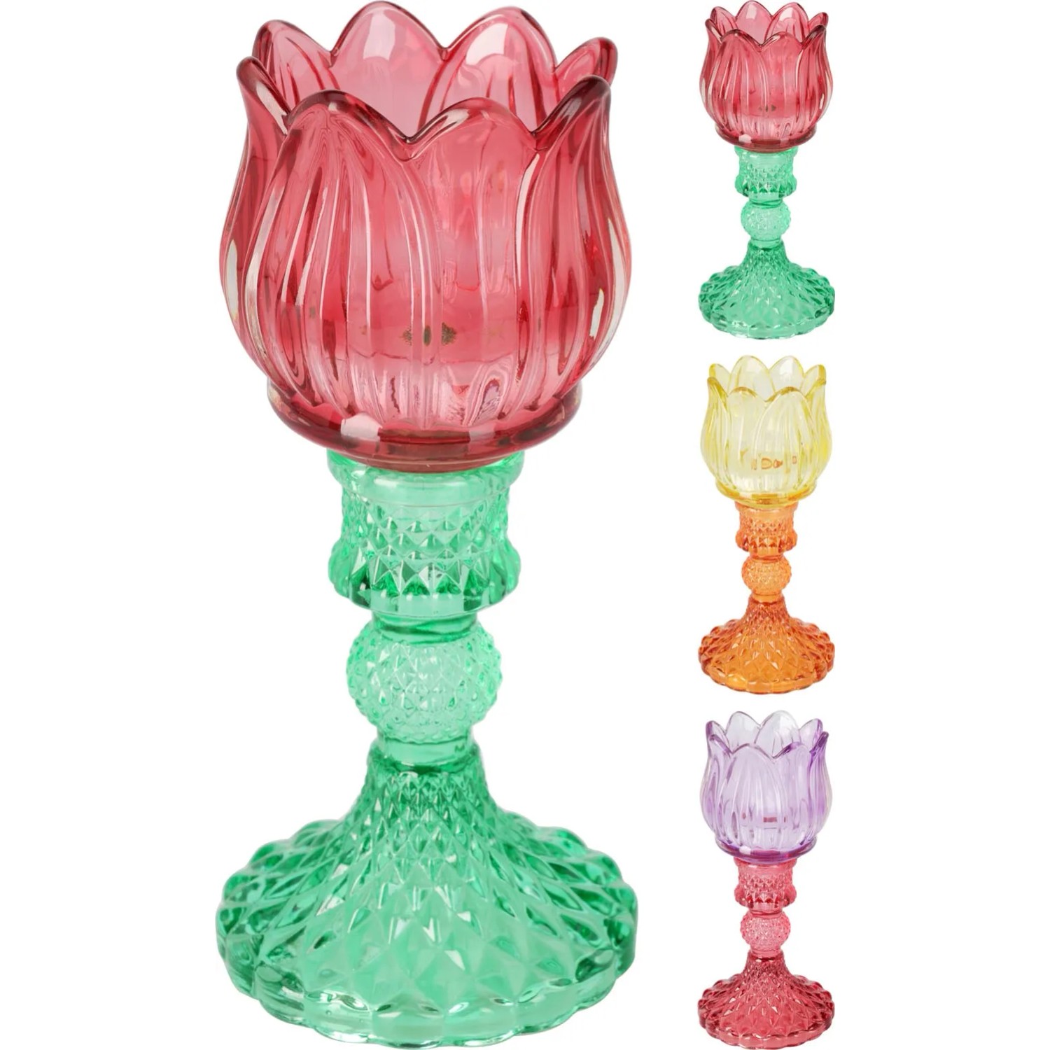 Świecznik szklany Tulipan na tealight, mix - wys. 17,5 cm