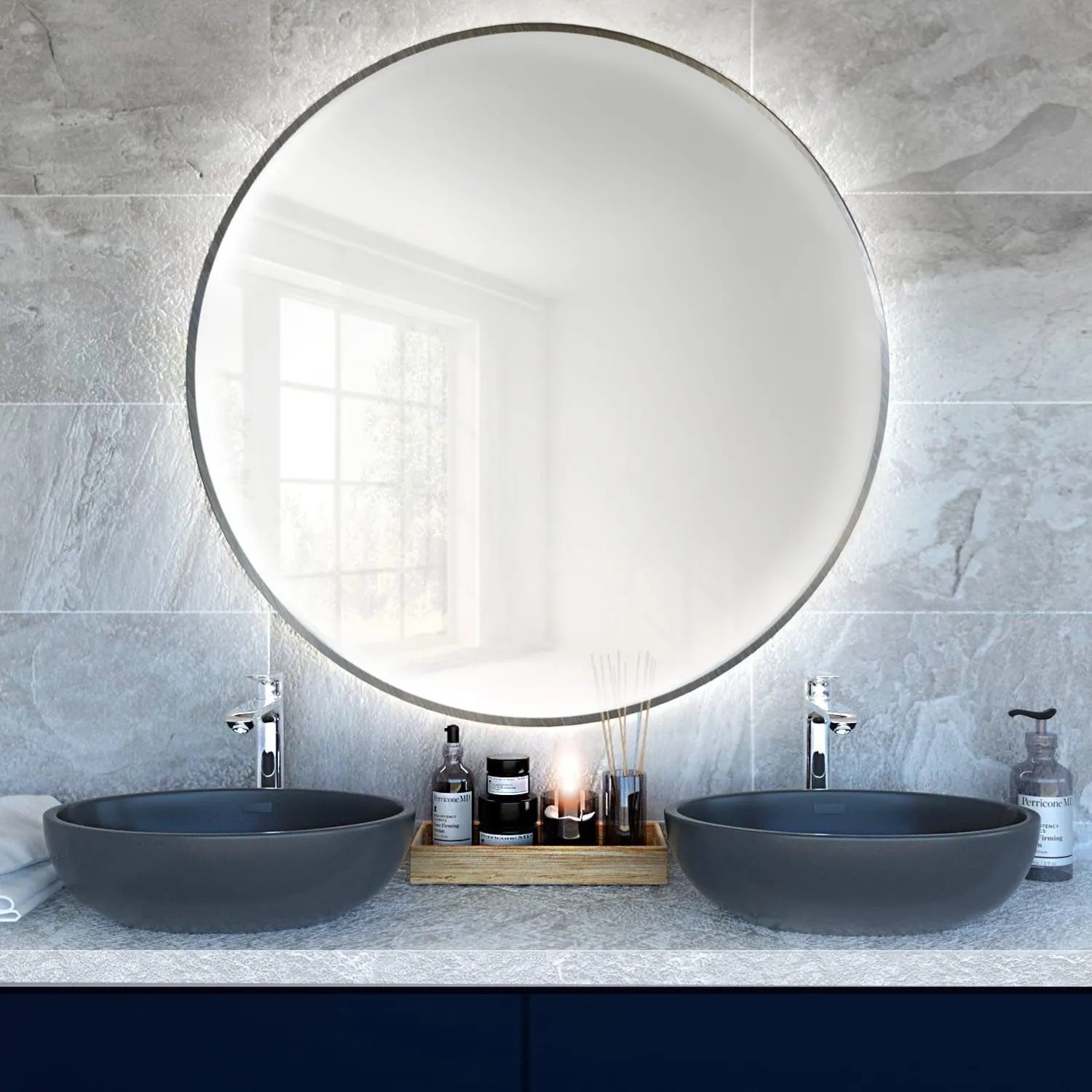 Lustro LED Bright Round Srebrne Zimne 60x60 cm