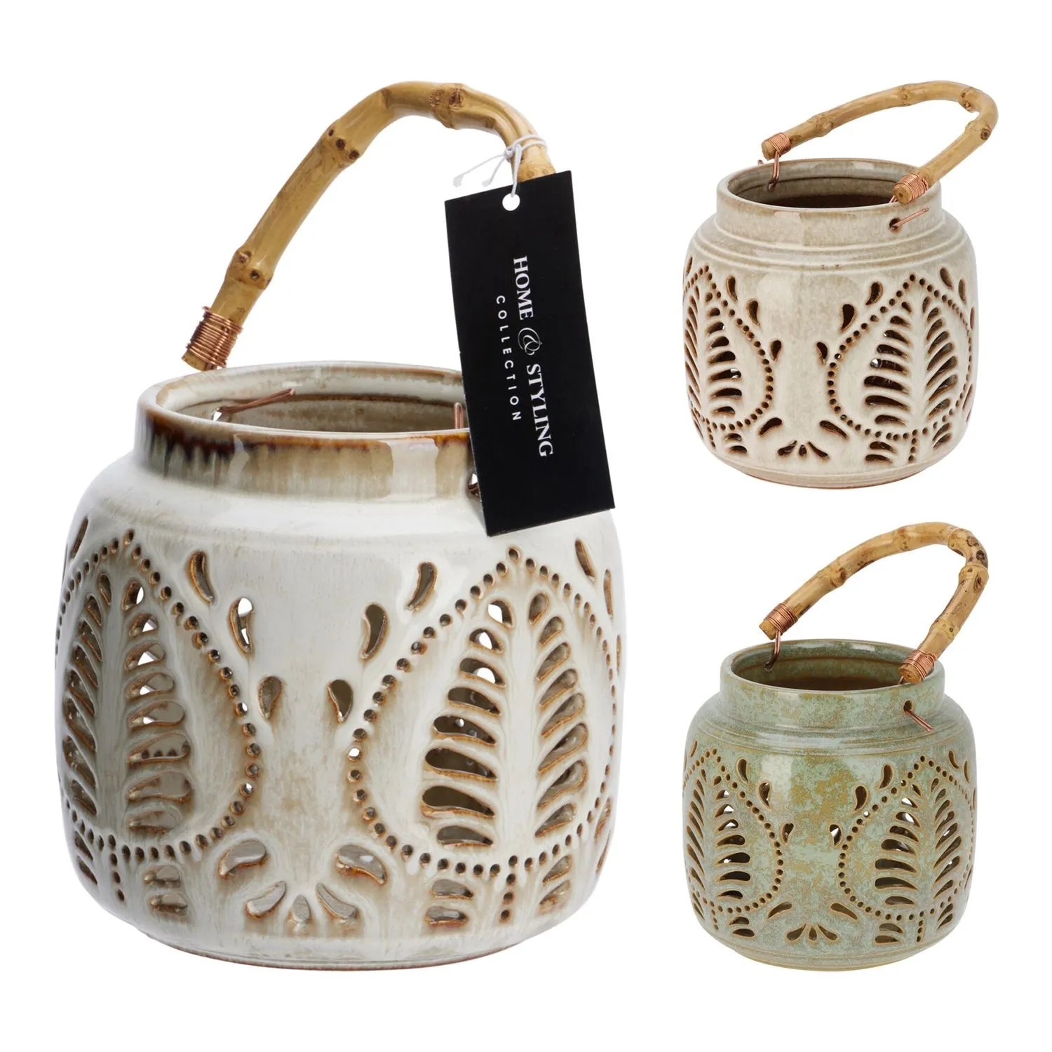 Lampion ażurowy porcelanowy bambus mix - 14,5x14 cm